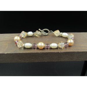 7" Sterling Silver Various Glass And Simple Pearls Bracelet Vintage Elegant